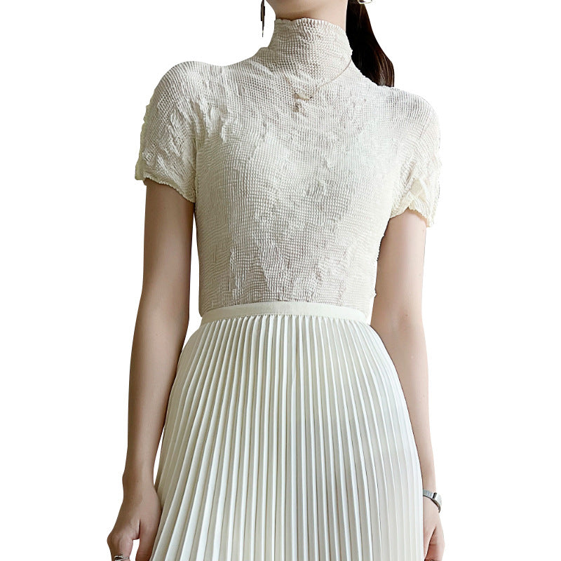 Pleated Tops Women's Bottoming Shirt Summer New Elegant High Collar Slim Fit Miyake Thin Short-Sleeved T-Shirt for Women