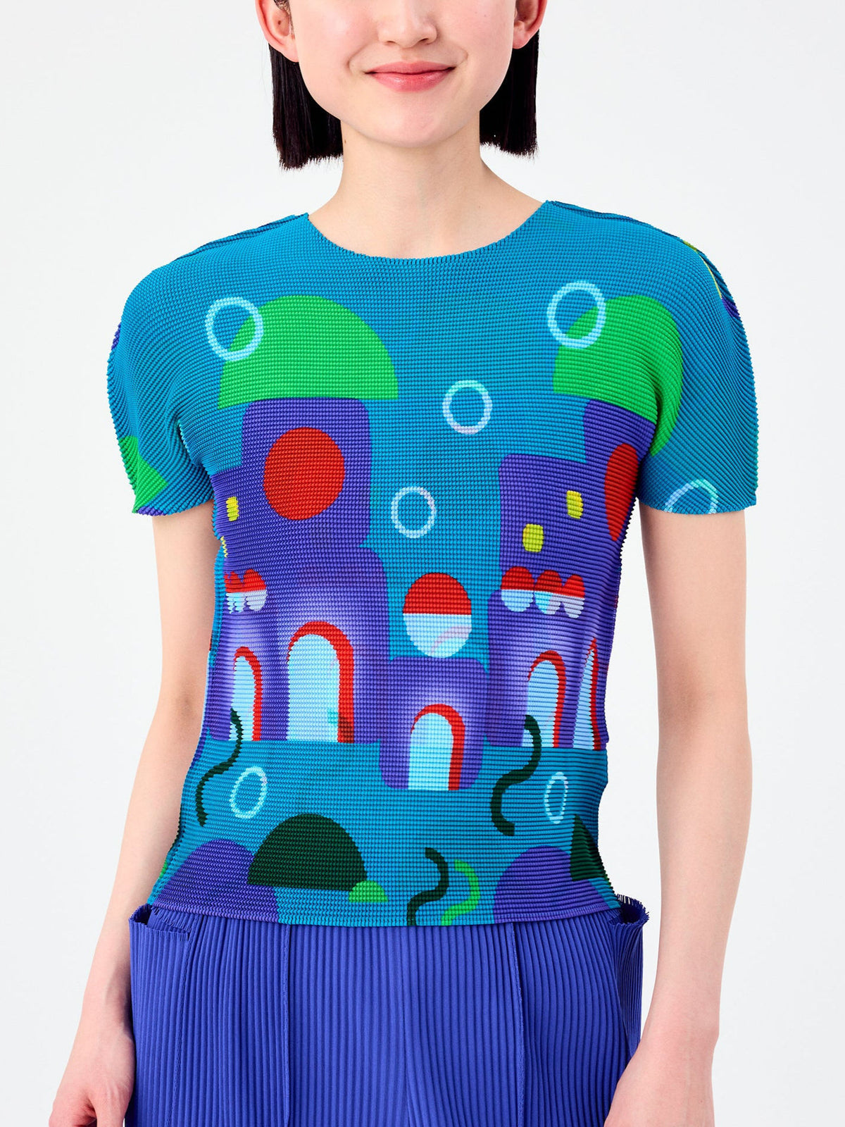 Miyake Design Niche Tops for Women Summer Thin Round Neck Slimming Look Pleated Printed Short-Sleeved T-Shirts for Women