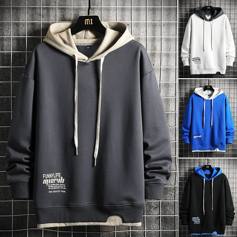Hooded Sweatshirt 2025 Spring & Fall New Youth Long-Sleeved Color-Blocked Fake Two-Piece Hoodie Casual Top for Men