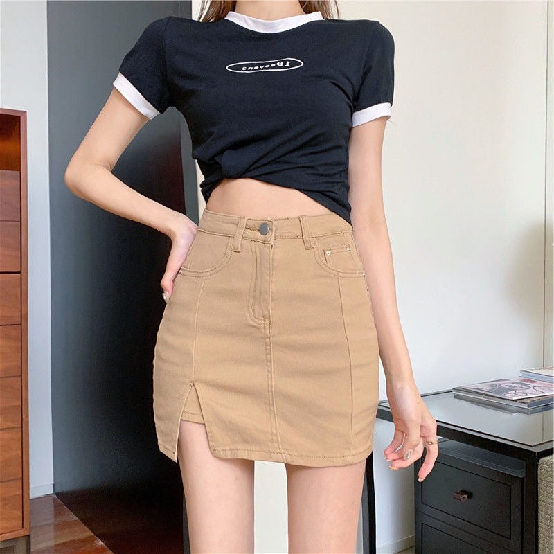 American Hot Girl Summer New Korean Style Slimming Look A-Line Skirt Trendy Anti-Exposure Slit Black Denim Skirt for Women