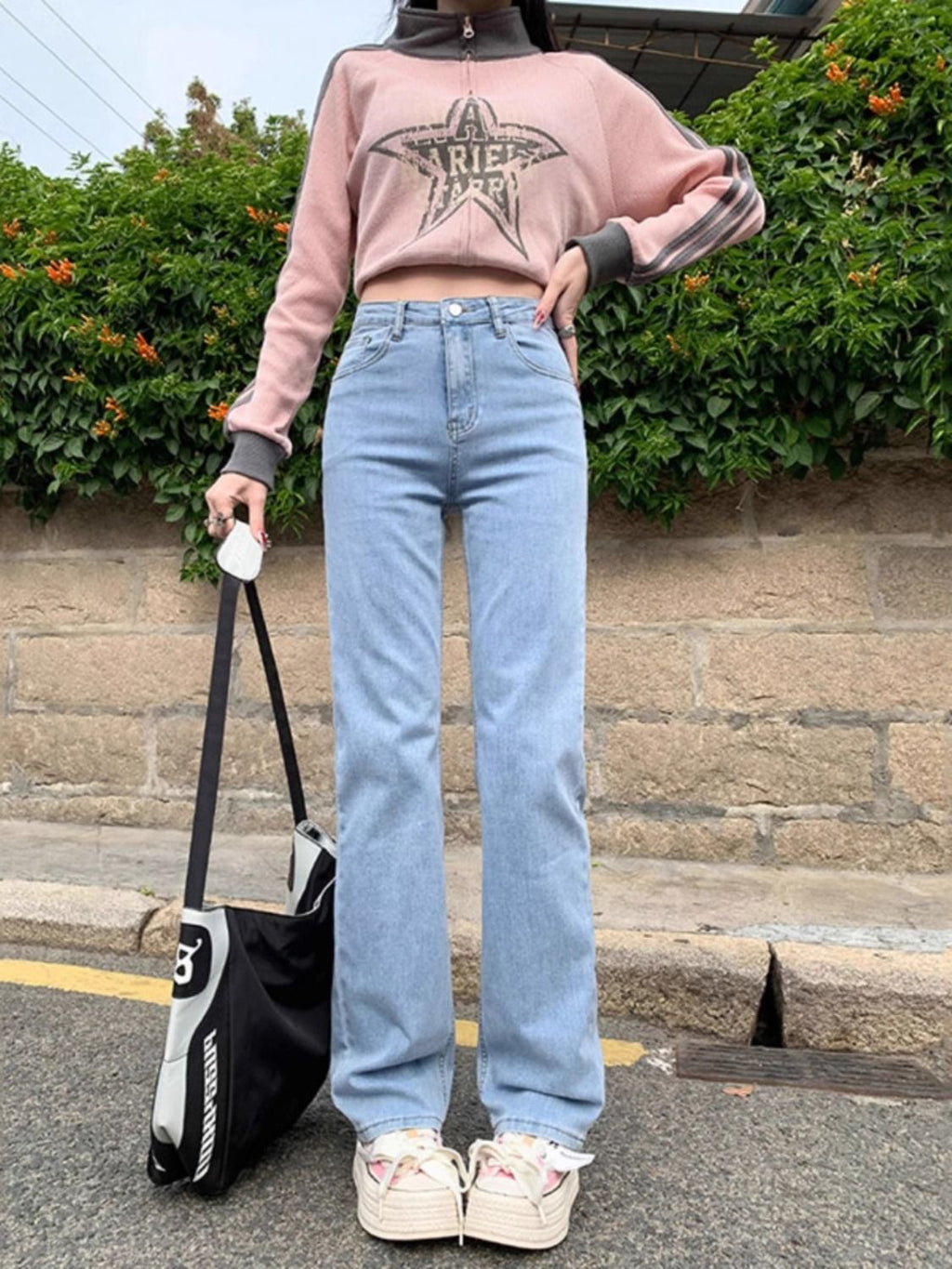 Light Blue Straight Jeans for Women Spring New Loose Pants Elastic Waist Casual American High Street Wide Leg Pants