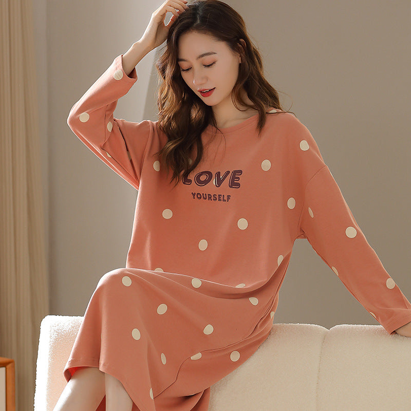 Women's Nightgown Spring and Autumn Long-Sleeve Plus Size 100kg Mid-Length Dress Can Be Worn Outside Women's Sleepwear Dropshipping