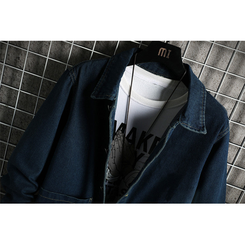 Men's Denim Trench Coat, Mid-Length, Autumn and Winter, Japanese Style, Trendy Brand, Plus Size, Vintage, Loose, Casual, Lapel Jacket