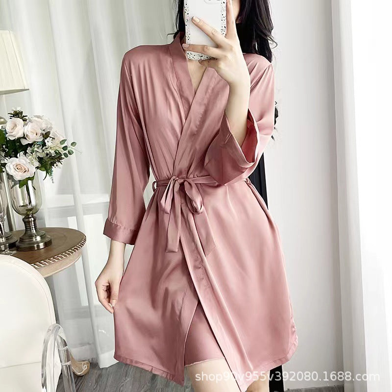 Pajamas for Women, Spring and Summer New Style, Satin Ice Silk Camisole Nightdress, Nightgown, Shorts Three-Piece Set with Chest Pad, Home Wear, Cool