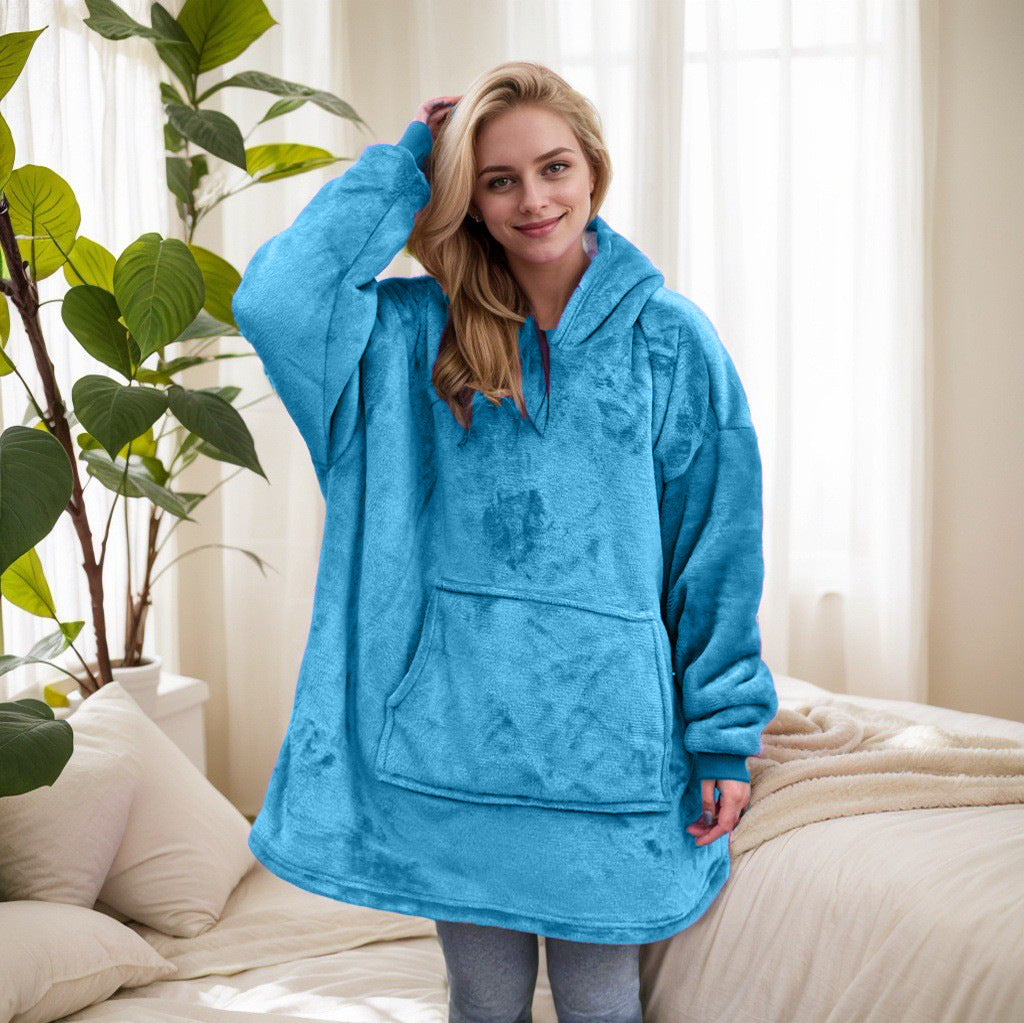 2021 Winter Fleece-Lined Thickened Navy Blue and Dark Gray Zip-Up Lazy Blanket Long-Sleeve Casual Flannel Hoodie