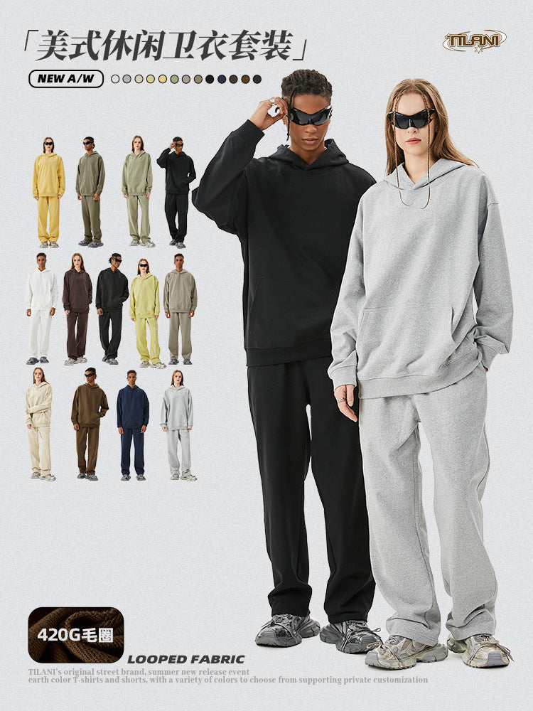 TILANI 2025 Heavy Terry Sweater Pants American Style Trendy Brand Solid Color Trendy Men's suit Hoodie Straight Pants