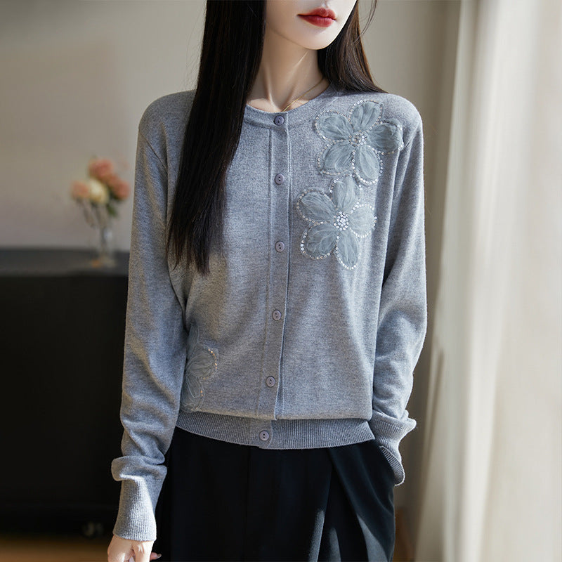 Spring and Autumn New Women's Worsted Wool Knitted Sweater Round Neck Three-dimensional Flower Knitted Cardigan Fashion Sweater Coat Top