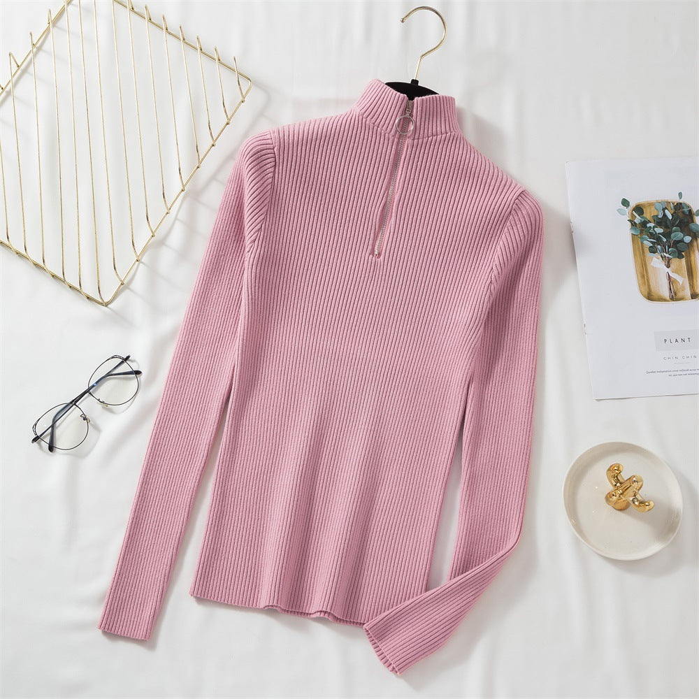 Spring sweater women's semi-high collar ring zipper slim outer wear long sleeve middle collar base sweater sweater top wholesale