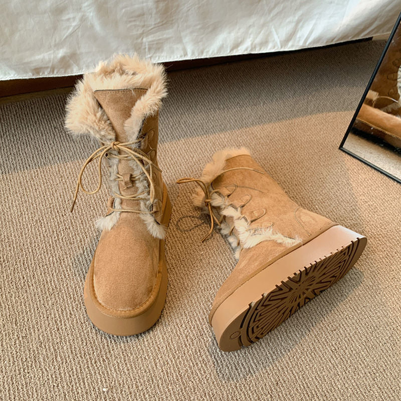 Lace-Up Two-Wear Snow Boots for Women 2025 Winter New Thick-Soled Mid-Calf Fur Integrated Fleece-Lined Thickeneded Cotton Boots