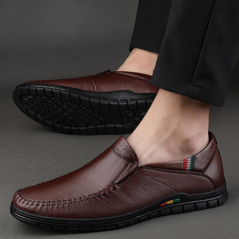 2025 Autumn Men's Slip-On Business Loafers Toe Layer Cowhide Soft Leather Plaid Work Black Leather Shoes