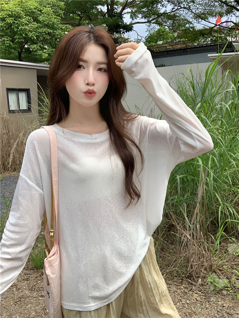 Cross-Border Thin Sun Protection Long-Sleeved T-Shirt for Women in Summer, Loose Suspenders, Air-Conditioned Shirts, Blouses, Layered Inner Tops