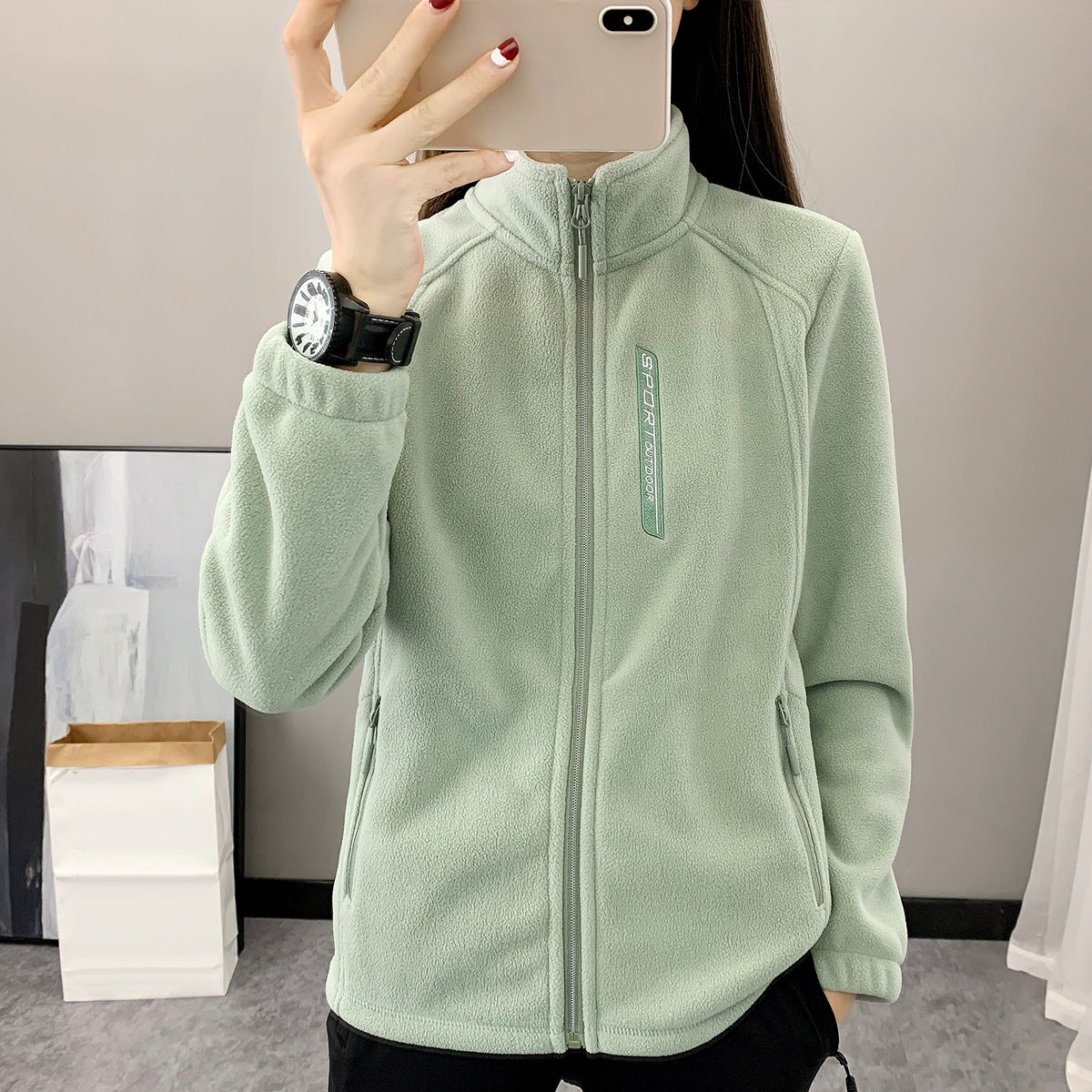 Spring and Autumn Fleece Clothes Women's Outdoor Warm Breathable Cardigan Vertical Collar Slimming Polar Fleece Jacket for Men's Climbing Cross-border Special