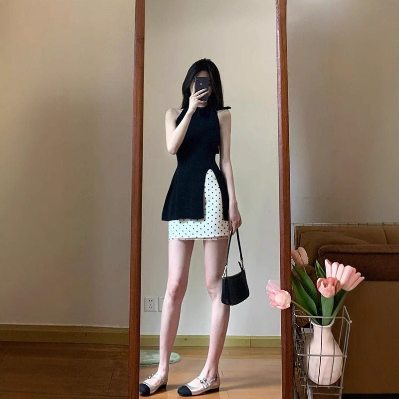 suit Women's Summer New Korean Style Design Sense Black Elegant Split Top High Waist Wave Dot Trendy Skirt