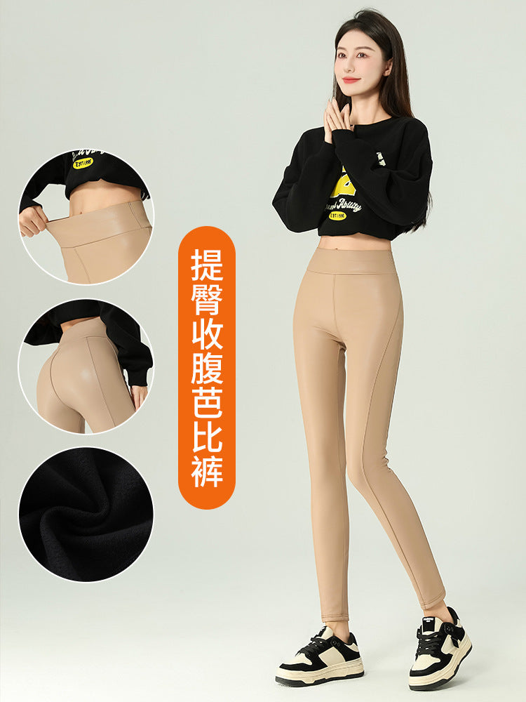 Leather Pants Women's Tight 2024 New High Waist Thin Cropped Pants fleece-lined Leather Matte Leggings Outer Wear Long Pants