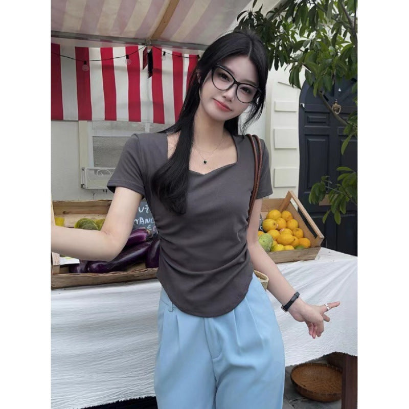 Pleated Slim-Fit Sweetheart Neckline Short-Sleeve T-Shirt for Women, Summer Pure Desire Style, Regular Shoulder, Solid Color, Collarbone Top