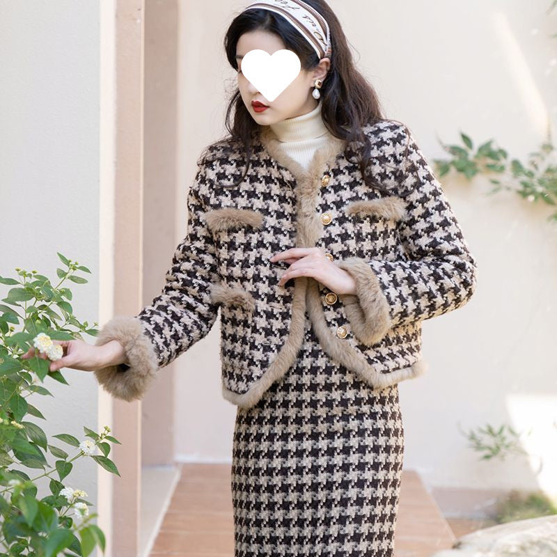 Plus-Size French-Style Houndstooth Fleece-Lined Thickened Coat for Women, 2025 Winter Warm Suspender Dress Set