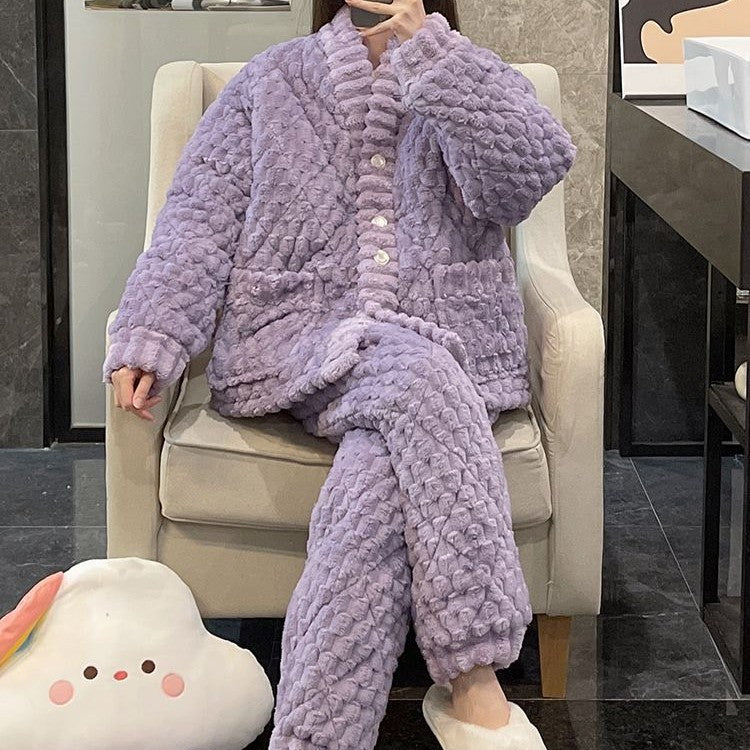 2025 New Pajamas for Women, Autumn and Winter Thickened and Fleece-Lined Coral Fleece Set, Plus Size Warm Loungewear for Autumn and Winter