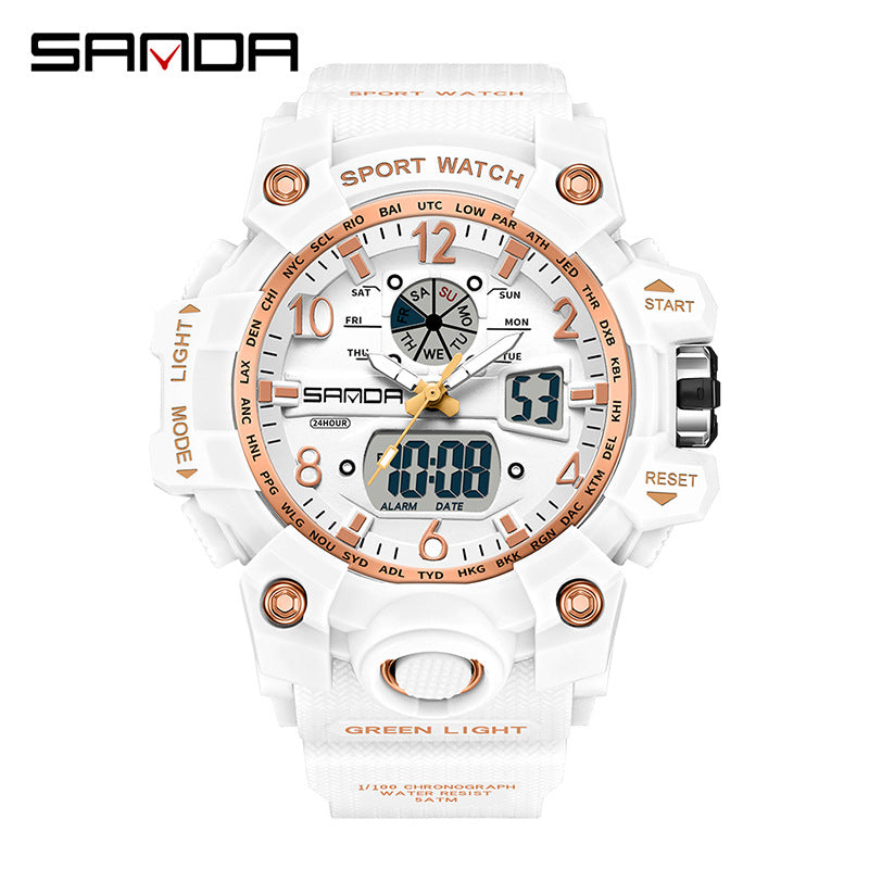 Sanda Hot-Selling Watch Korean Version Student Party Multi-Functional Waterproof Alarm Clock Electronic Watch Cool Dual Display Luminous Sports Watch