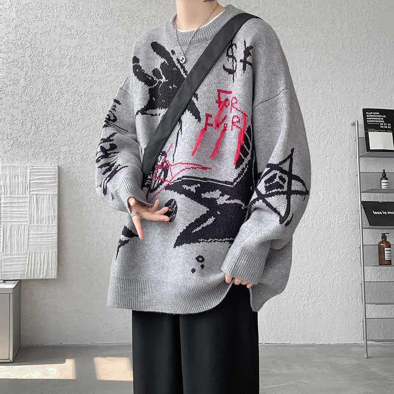 2025 New Autumn and Winter Men's Sweaters American Trendy Brand Letter Jacquard Round Neck Sweaters Fashionable Niche Loose Sweaters