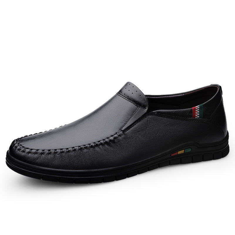 2025 Autumn Men's Slip-On Business Loafers Toe Layer Cowhide Soft Leather Plaid Work Black Leather Shoes