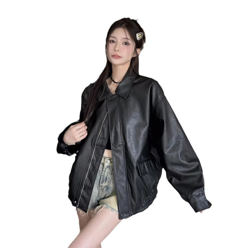 Trendy Cool Women's Spring and Autumn 2024 New Retro Loose Street Biker Leather Jacket Ins Cool Stylish