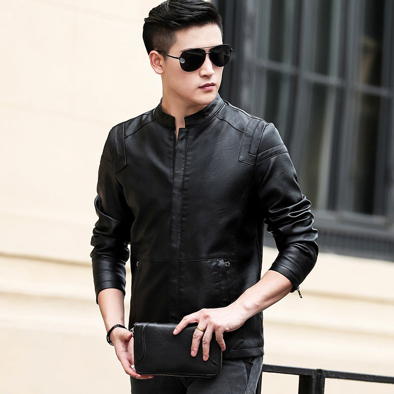 Autumn and Winter 2023 New Leather Men's Coat Fashionable Slim-fit Warm Spring and Autumn Vertical Collar Biker Jacket Men's Jacket