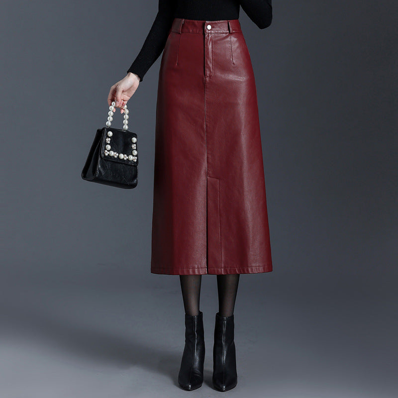 2025 New Slit Leather Skirt, Hip-Hugging Skirt for Women, Autumn and Winter High-Waisted Slimming Midi Skirt, Elegant Pencil Skirt
