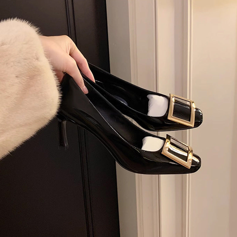RV Metal Square Buckle Square Head High Heels Women's Patent Leather Commuter Stiletto Shoes Bridesmaid Shoes Wedding Shoes Shallow Women's Shoes