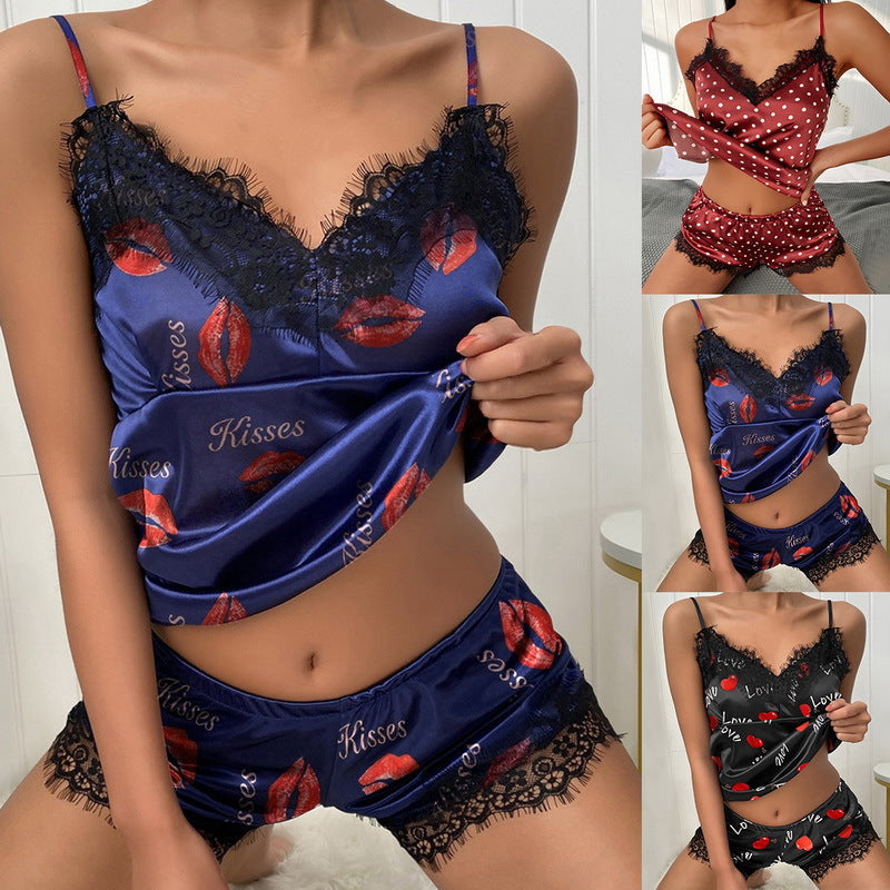 Women's Plus Size Sexy Pajamas Satin Two Piece Set Home Wear