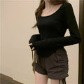 Round Neck Long-Sleeved T-Shirt for Women, New Spring and Autumn Style, Irregular Hem, Slim Fit, Student Casual Versatile Short-Sleeved Top
