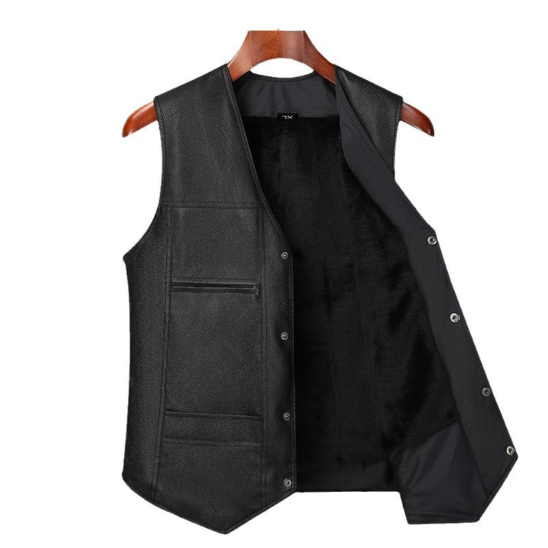 Autumn and Winter New Middle-aged Men's Leather Vest fleece-lined Thickened Dad Winter Clothing V-Neck Grandpa Outer Wearing Warm Vest