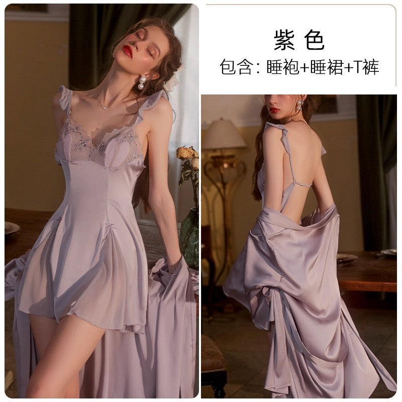 Sexy Women's Nightgown with Straps and Chest Pads, New Lace Summer Ice Silk Nightdress, Home Wear Set with a High-End Feel