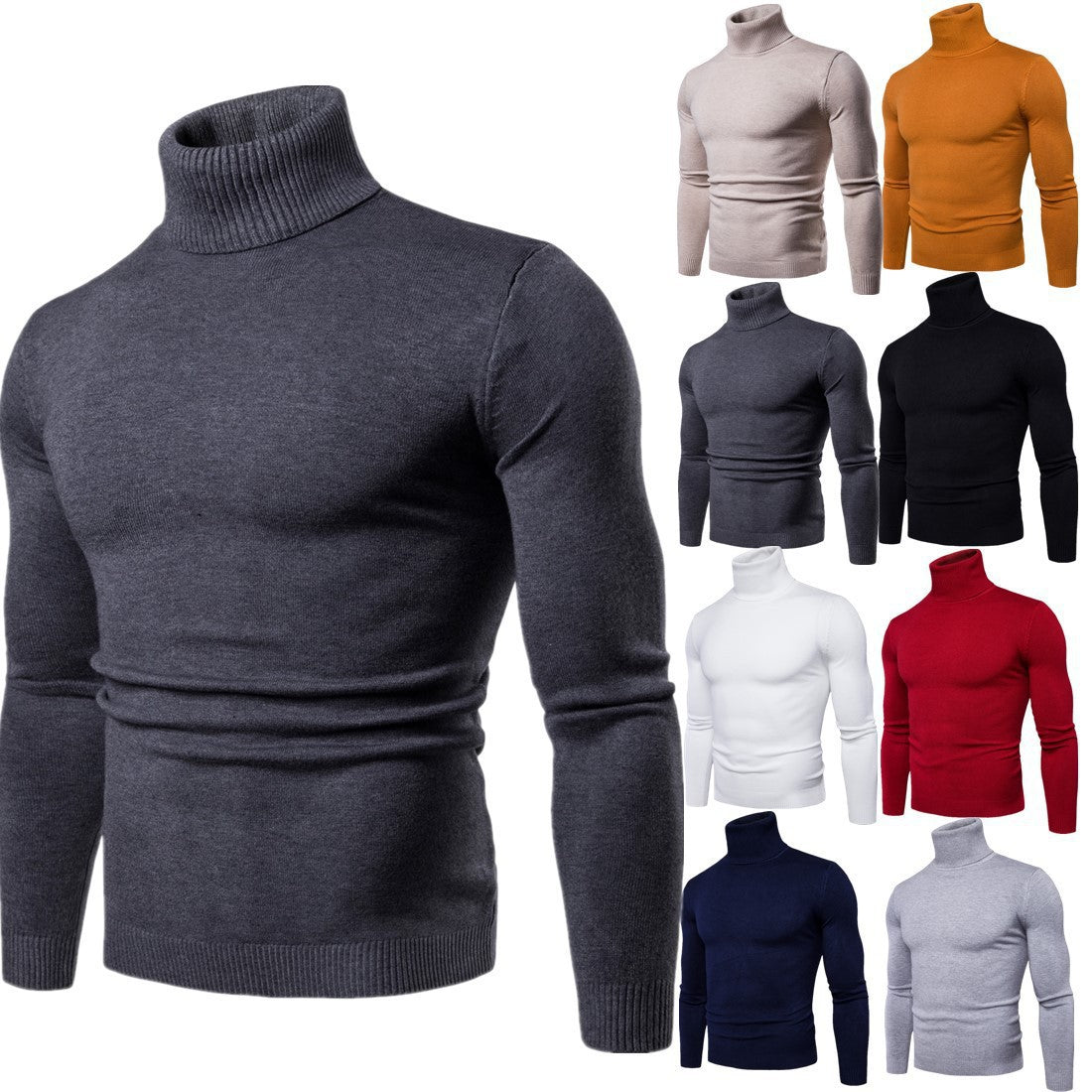 Amazon foreign trade autumn and winter new men's solid color slim turtleneck sweater sweater plus size men's pullover base shirt