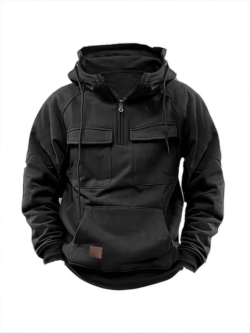 Cross-Border Men's Half-Zip Hooded Sweatshirt, Retro Workwear with Multiple Flap Pocket Pantss, Loose Casual Pullover Hoodie