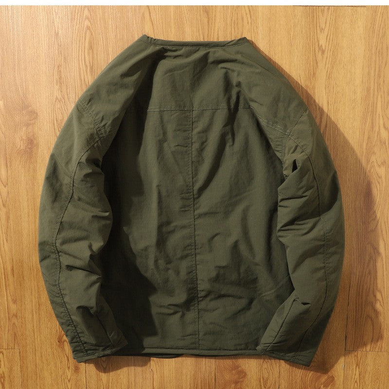 Japanese Retro Collarless Quilted Jacket Men's Windproof Workwear Layered V-Neck Snap Cotton Coat Men