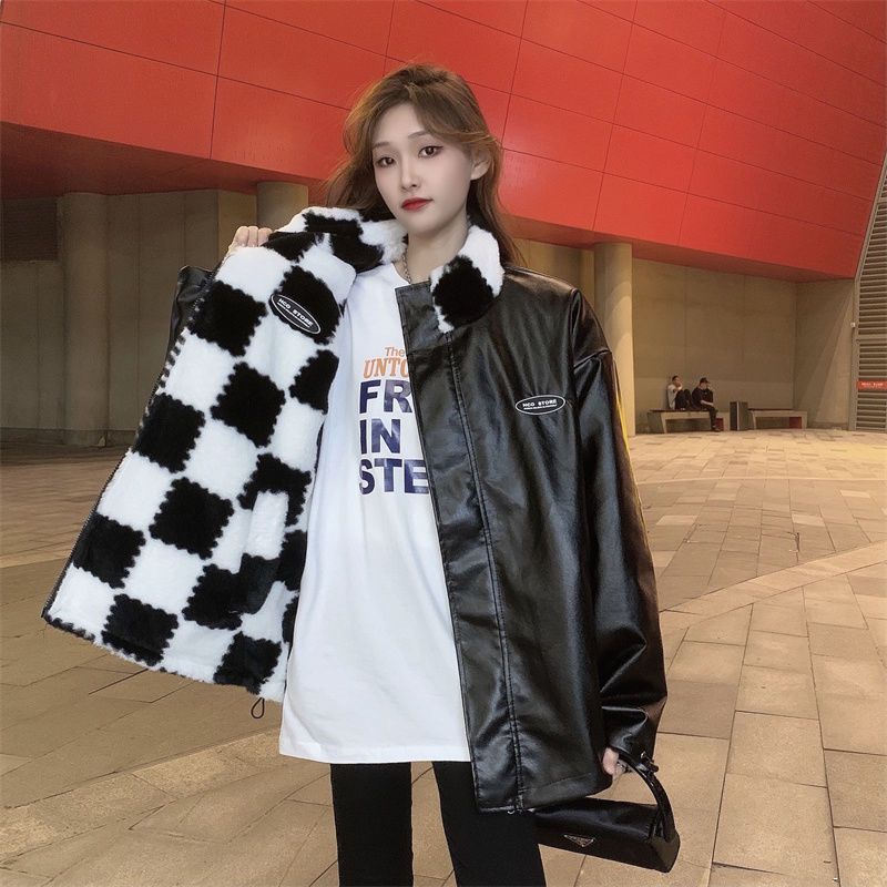 Double Face Wear Leopard Print Thickened Plush Coat Women's Winter New Hong Kong Style Retro PU Leather Coat Student Cotton-padded Jacket Fashionable