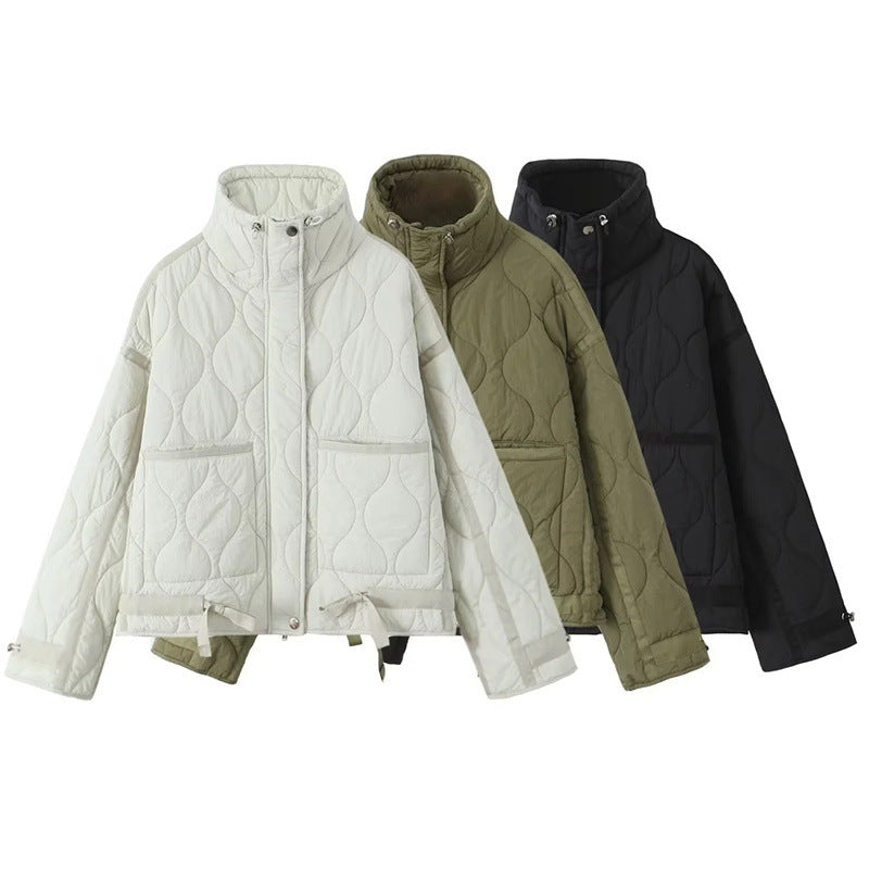 New Autumn and Winter Women's Stand-Up Collar Quilted Cotton Jacket Outwear Patch Pocket Decoration Fashion Loose Casual Cotton Outwear for Women