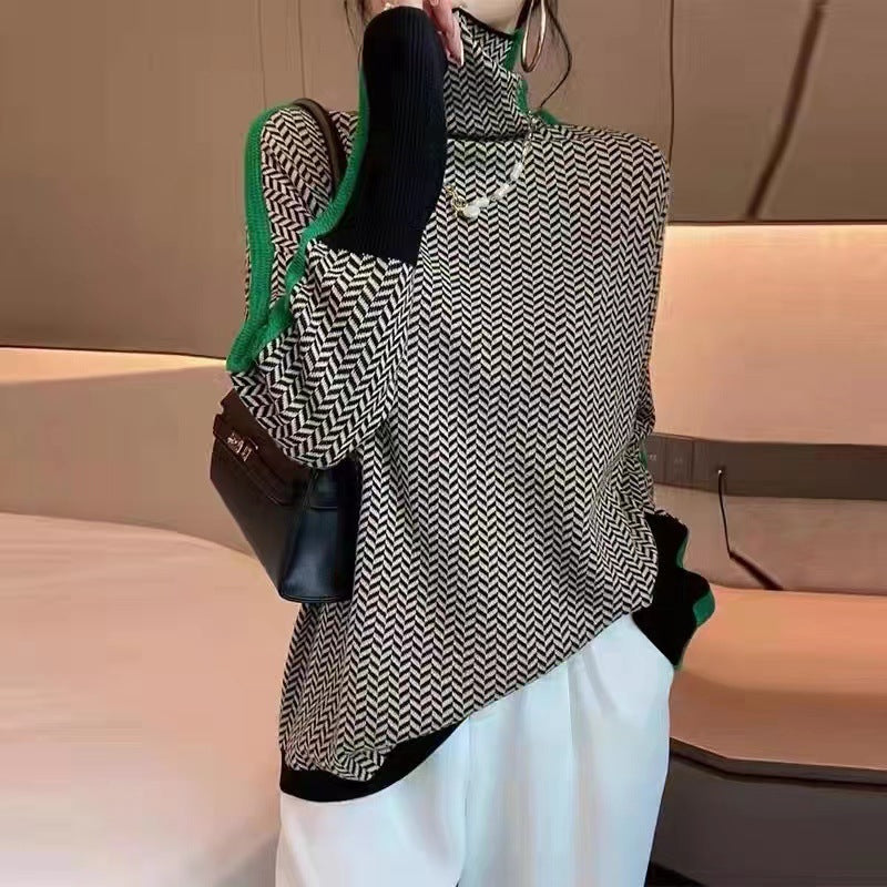 Retro Niche Design Knitwear for Women in Autumn and Winter Loose High-Neck Long-Sleeved Knitwear with Contrasting Color Inner Layering Shirt Top