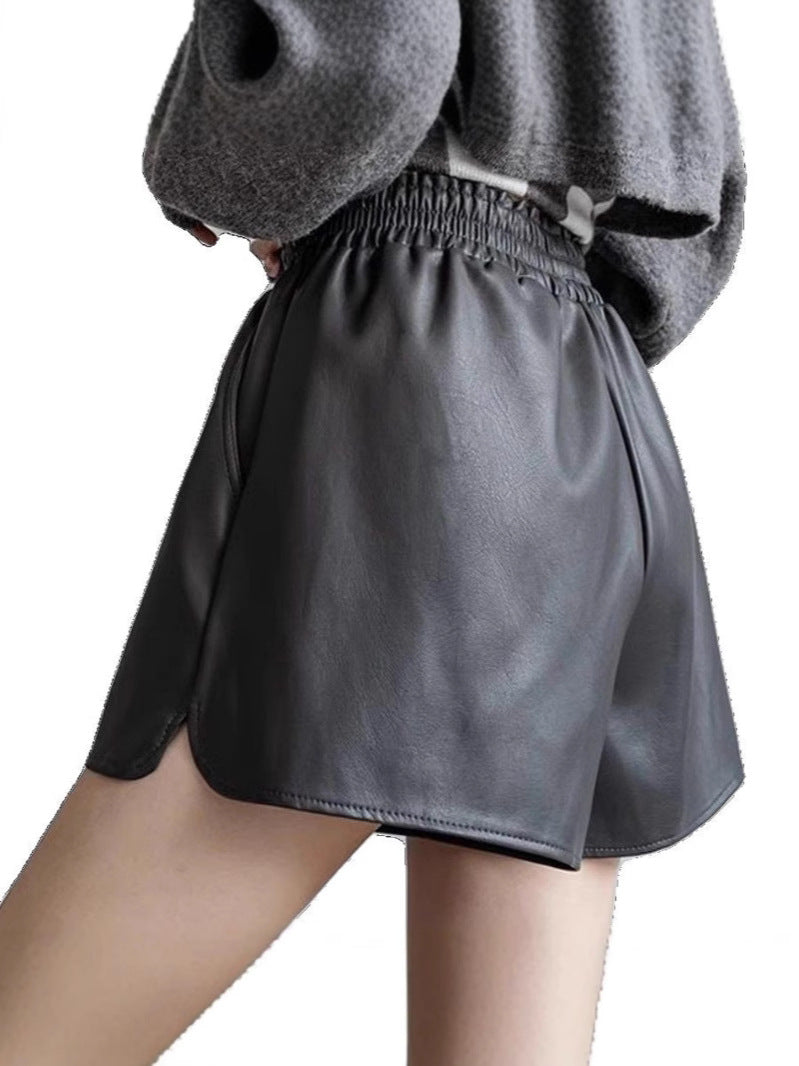 Casual Leather Shorts Women's Spring and Autumn Outwear Korean Style Short-fit High Waist Wide-leg Leather Pants Base Boot Pants