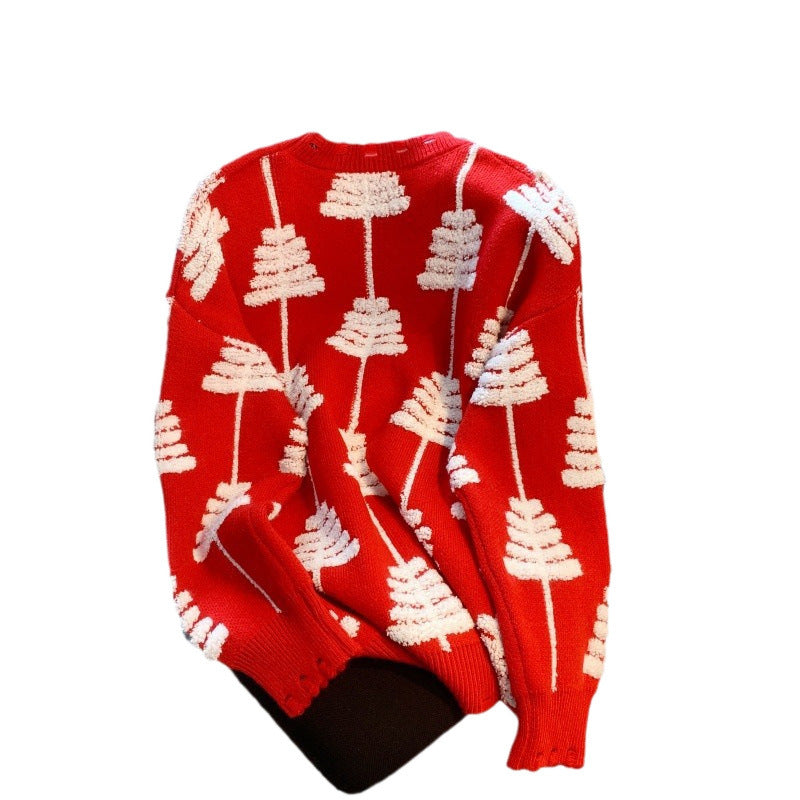 Christmas Red Sweater Women's Autumn and Winter 2024 New Style Heavy Industry Beaded Western Style Loose Pullover Contrast Color Knitted Sweater Jacket
