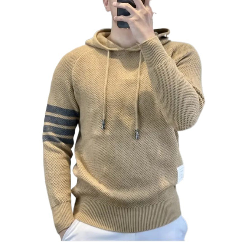 Autumn and Winter Long-Sleeved Contrast Stripesd Hooded Knitwear for Men New Men's Handsome Sweatshirt Trendyy Knitted Knitwear for Men