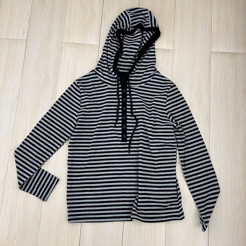 Good to wear to burst striped access control buckle hoodie autumn new women's casual all-match long sleeve T-shirt top base tee