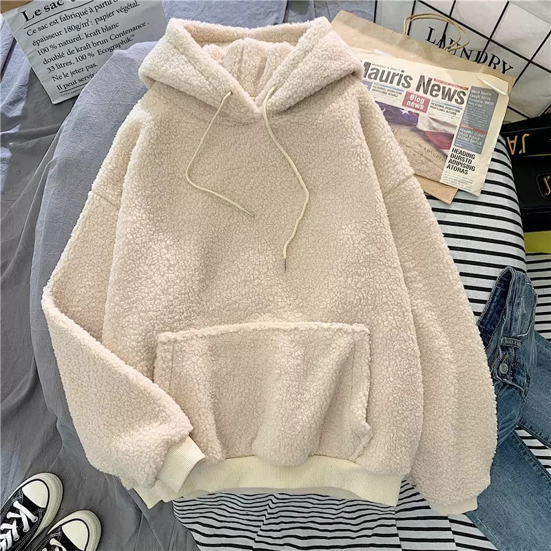 Cross-border Lambskin Sweater Women's Korean-style Fashionable Student Loose Bf Style Autumn and Winter fleece-lined Thickened Hoodie Top Coat