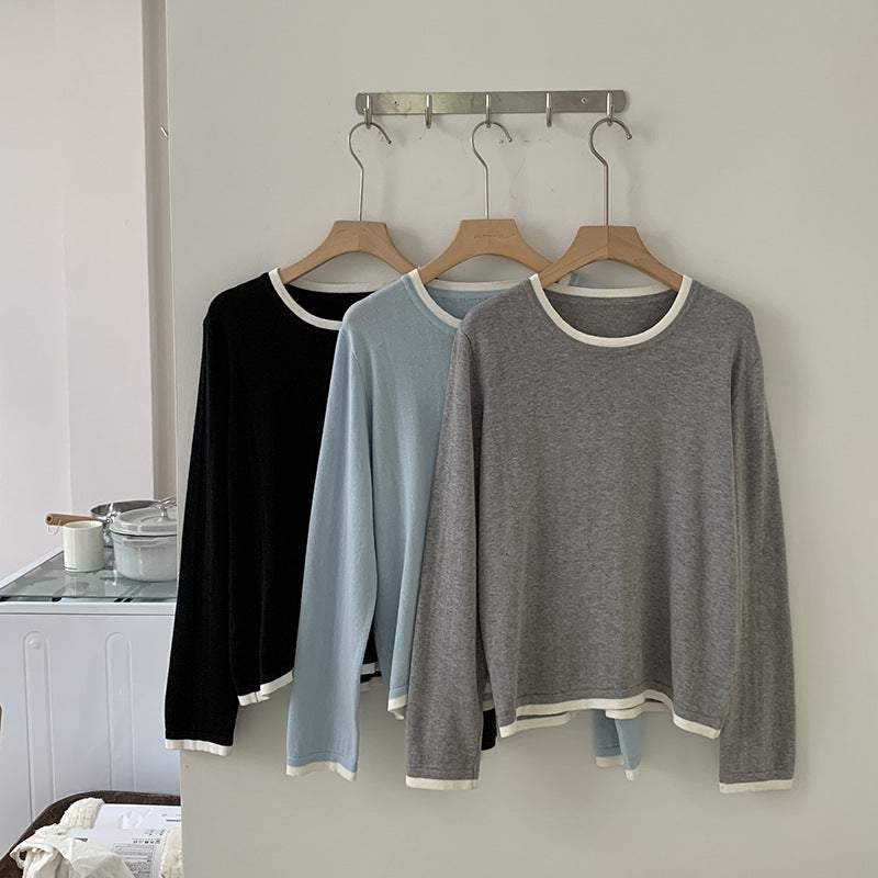 New Spring and Summer Women's Knitted Sweaters, Cotton Round Neck Contrasting Bottoming Shirts, Loose and Simple Elegant Inner Tops Wholesale