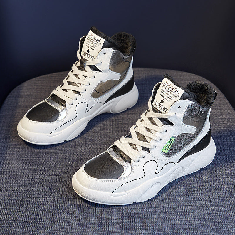 Genuine Leather High-Top Sneakers for Women 2025 Spring White Shoes for Women Korean Style Breathable Casual Sports Sneakers for Women Comfortable