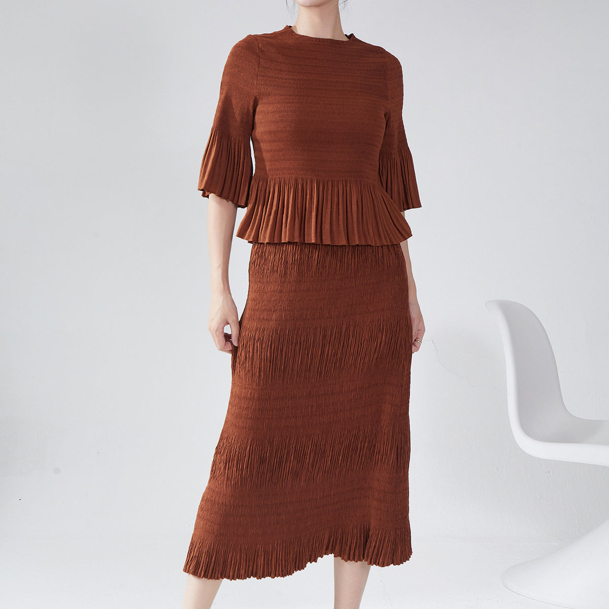 Miyake Women's Autumn New suit Two-piece Elegant Slim-fit Base T-shirt Top All-match Hip Skirt