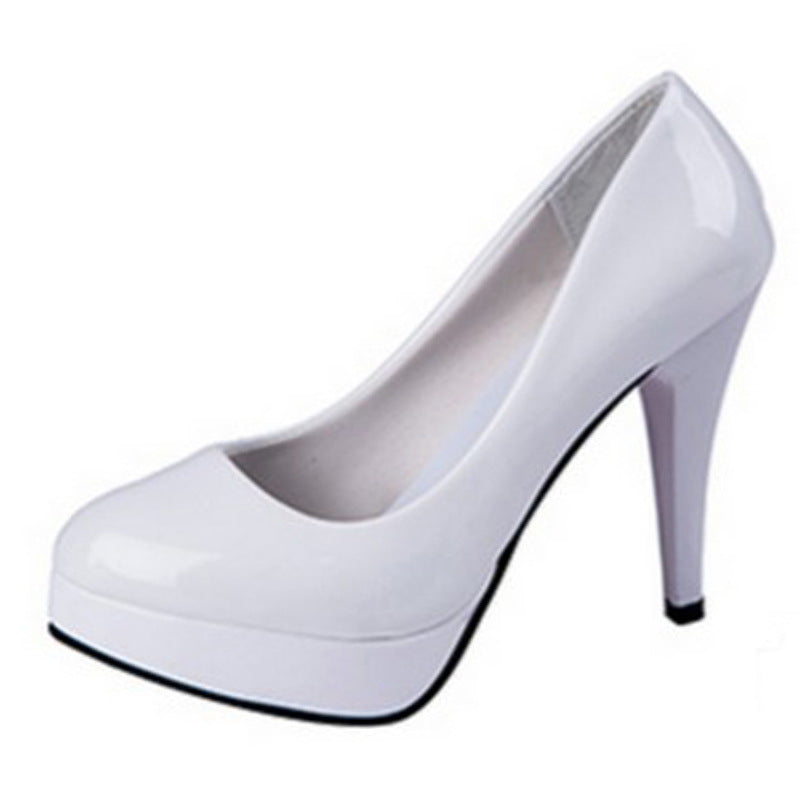 White High Heels, Feminine French Stiletto Heels, Shallow Mouth Waterproof Platform Round Toe Shoes, Red Patent Leather Professional Shoes for Women
