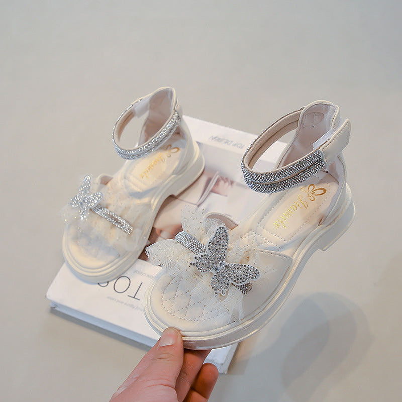 Girls Sandals 2025 Summer New Medium and Large Children's Roman Shoes Open Toe Fashion Bow Little Girls Princess Shoes Trendy