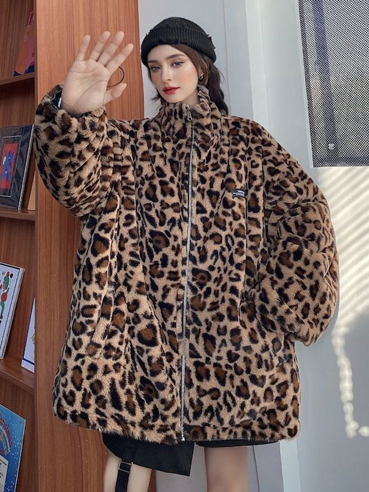 European and American Style 2025 Autumn and Winter New Women's Clothing Reversible Leopard Print Pu Leather Jacket Thickeneded Warm Plush Jacket Wholesale