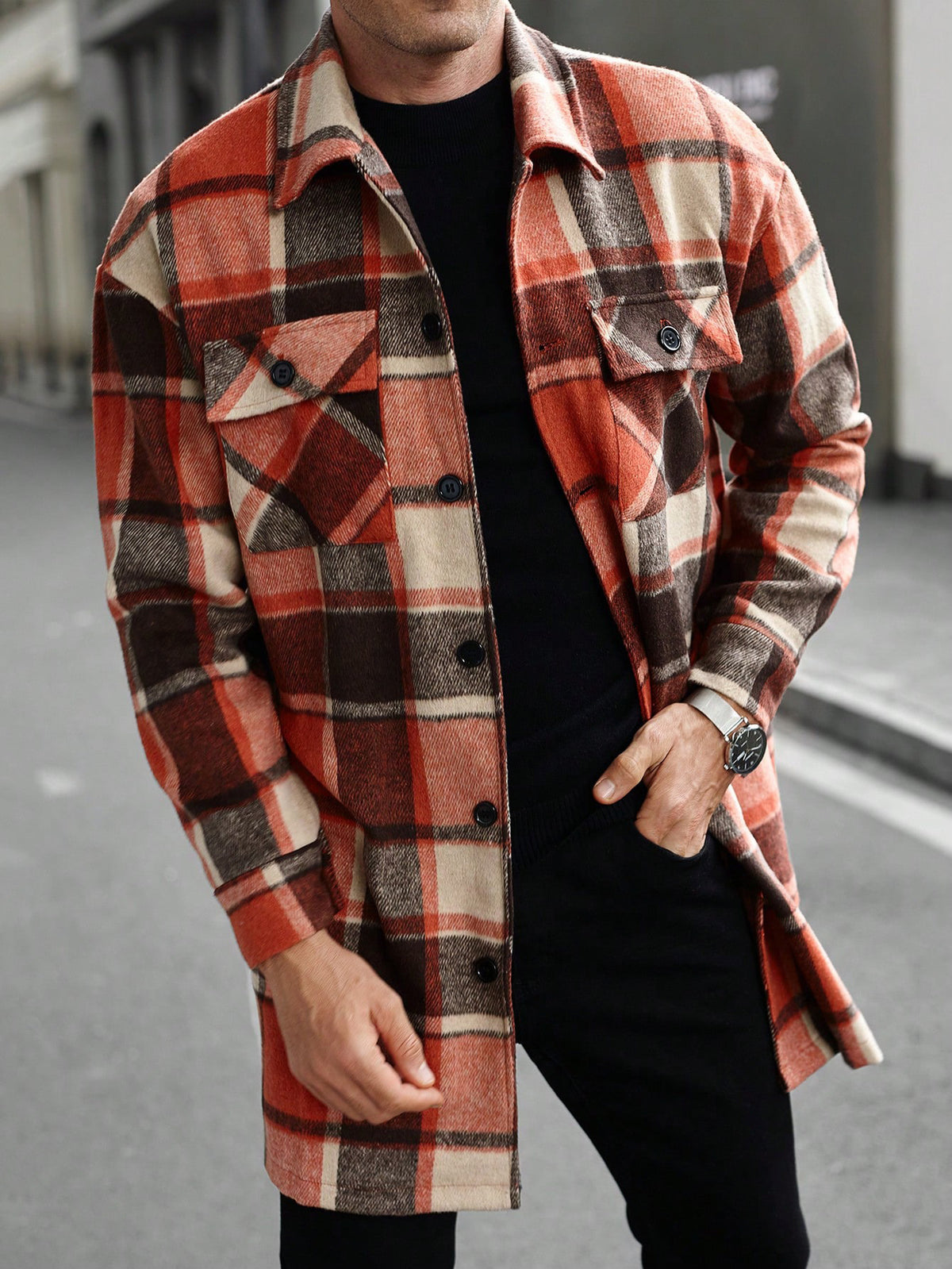 European and American Cross-Border Amazon New Men's Jacket Shirt Casual Sports Long Buttoned Double-Pocket Windbreaker for Men